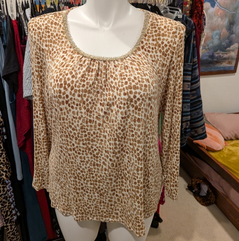 Charter Club Tan and Cream Animal Print Long Sleeve Top - 1X